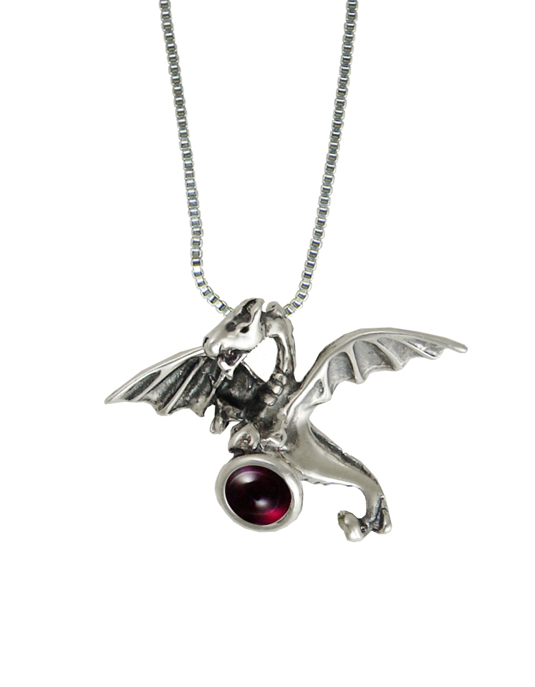 Sterling Silver Flying Dragon Pendant With Garnet
